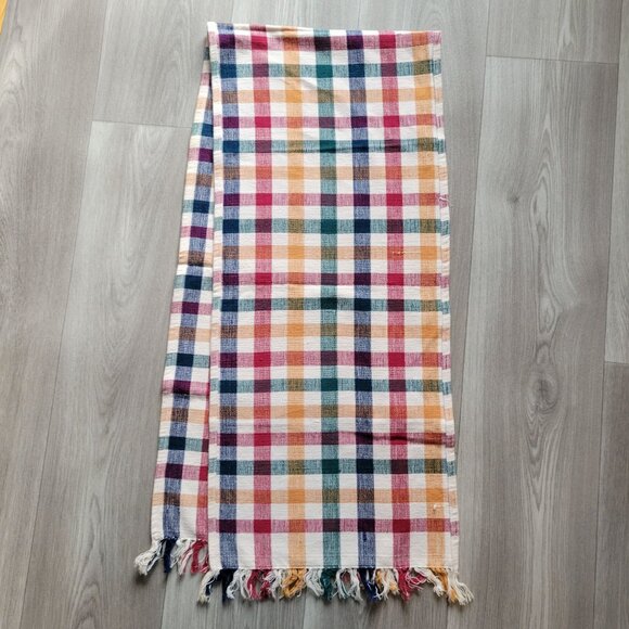 Colorful Cotton Checkered Patterned Fringed Table Runner 62x14 - Picture 1 of 4